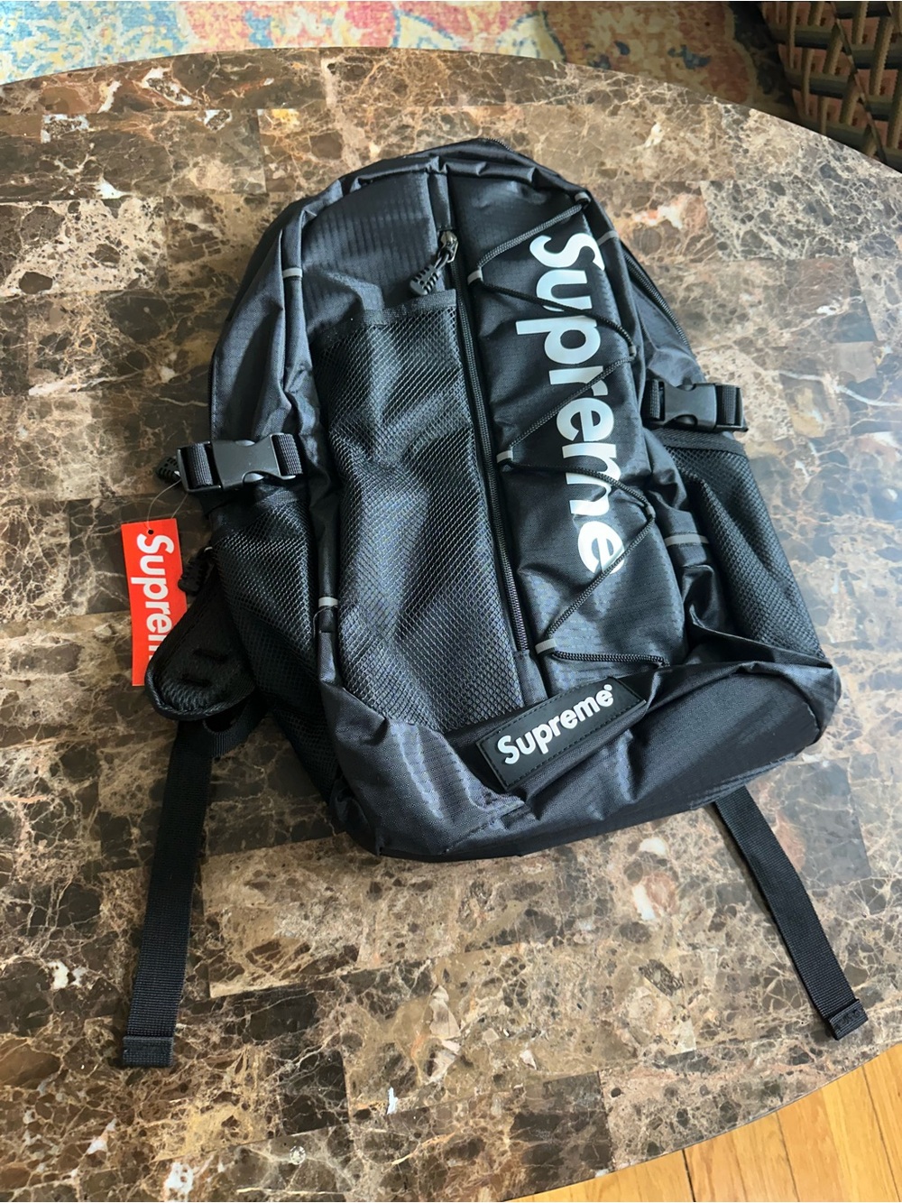 Supreme Black Backpack with Vertical White Logo